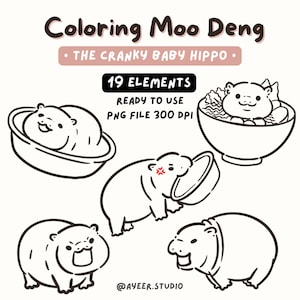 Dibujo para colorear Moo Deng, el bebé hipopótamo pigmeo malhumorado, famoso en Tailandia / Dibujo para colorear de un bebé hipopótamo, esquema, garabato en blanco y negro para sello