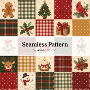 Puede incluir: Un diseño de patchwork digital con motivos festivos que incluyen un hombre de jengibre, árbol de Navidad, cardenal, regalo, reno, muñeco de nieve, vela, acebo y patrones de cuadros. El texto Seamless Pattern by Ayeer.Studio está centrado.