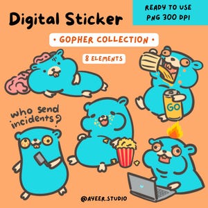 May include: A digital sticker sheet featuring a collection of eight cartoon gophers in various poses. The gophers are blue with different expressions and props, including popcorn, a laptop, and a beer. The text "Digital Sticker" and "Gopher Collection" are also present.