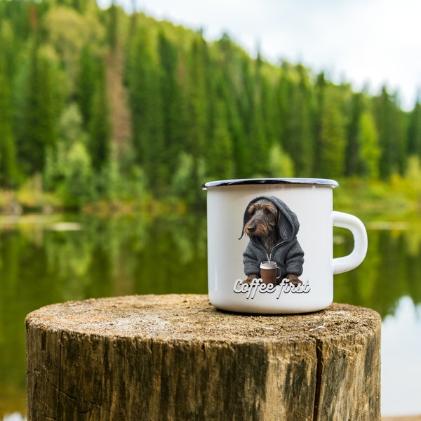 Enamel mug with wire-haired dachshund and coffee/camping mug/master/mistress/coffee mug/gift idea for dog owners