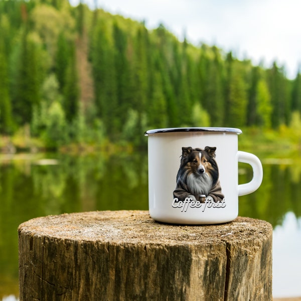 Emaille Tasse mit Shetland Sheepdog und Kaffee / Campingbecher / Herrchen / Frauchen / Kaffeebecher / Kaffeetasse Geschenkidee Hundebesitzer