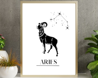 Aries Print With Constellation, Zodiac Signs Poster, Astrology Wall Art, Black & White Print, Printable Digital Download, Wall Art