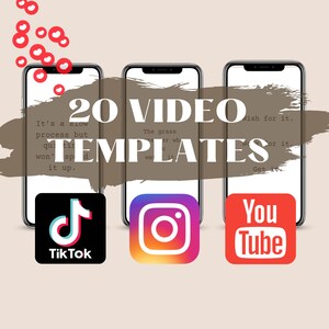 Può includere: Tre schermate di smartphone con diversi loghi di social media: TikTok, Instagram e YouTube. Il testo "20 VIDEO TEMPLATES" è scritto in grandi caratteri grassetto sulle schermate.