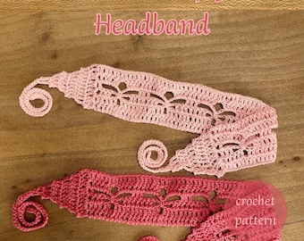 May include: Two handmade crochet headbands in shades of pink. The headbands feature a butterfly design and are displayed on a wooden surface. The text "The Butterfly Headband" is above the headbands. The text "crochet pattern" is on one of the headbands.