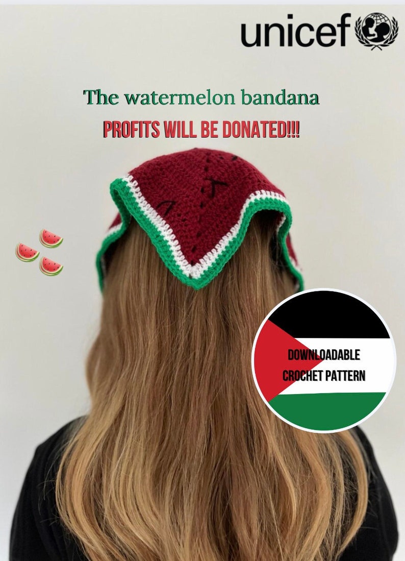 PROFITS GET DONATED Watermelon Bandana Crochet Pattern // Crochet shawlette, shawl pattern, headband // Support Palestine, Gaza zdjęcie 1