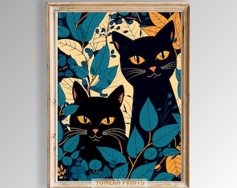 Overal zwarte katten | Antiek kattenschilderij | Woondecoraties | Cadeau voor | Afdrukbare muurkunst | Y26
