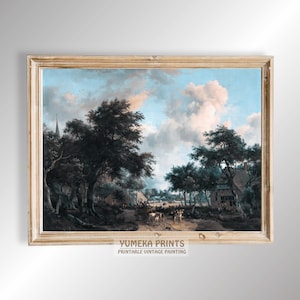 Boslandschap met vrolijk gezelschap in een kar door Meindert Hobbema, circa 1665 - vintage Nederlandse kunstdruk, hoogwaardige digitale download | U37