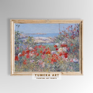 Vintage Landscape Painting Original Celia Thaxter&#39;s Garden Isles of Shoals Maine Prints Rustic Wildflowers by The Sea Painting Digital | Y8