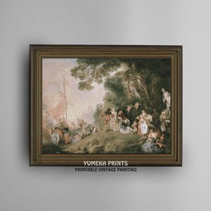 Könnte beinhalten: Gerahmtes Vintage-Gemälde mit einem dunkelbraunen Rahmen. Das Kunstwerk zeigt eine pastorale Szene mit Figuren, einem Segelboot und Bäumen. Der Text "YUMEKA PRINTS PRINTABLE VINTAGE PAINTING" befindet sich am unteren Rand des Rahmens.