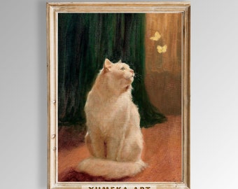 Schmetterling und Katze Gemälde Vintage Katze Druck Kinderzimmer Katze Wand Kunst Bauernhaus Dekor Wohnzimmer Dekor Vintage Wand Kunst digitaler Download | 303