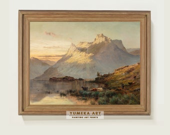 Rustikt bergslandskapsmålning Vintagestugatryck Bergslandskaptryck Antik bergsmålning Studiedekor UTSKRIVBAR | 0155