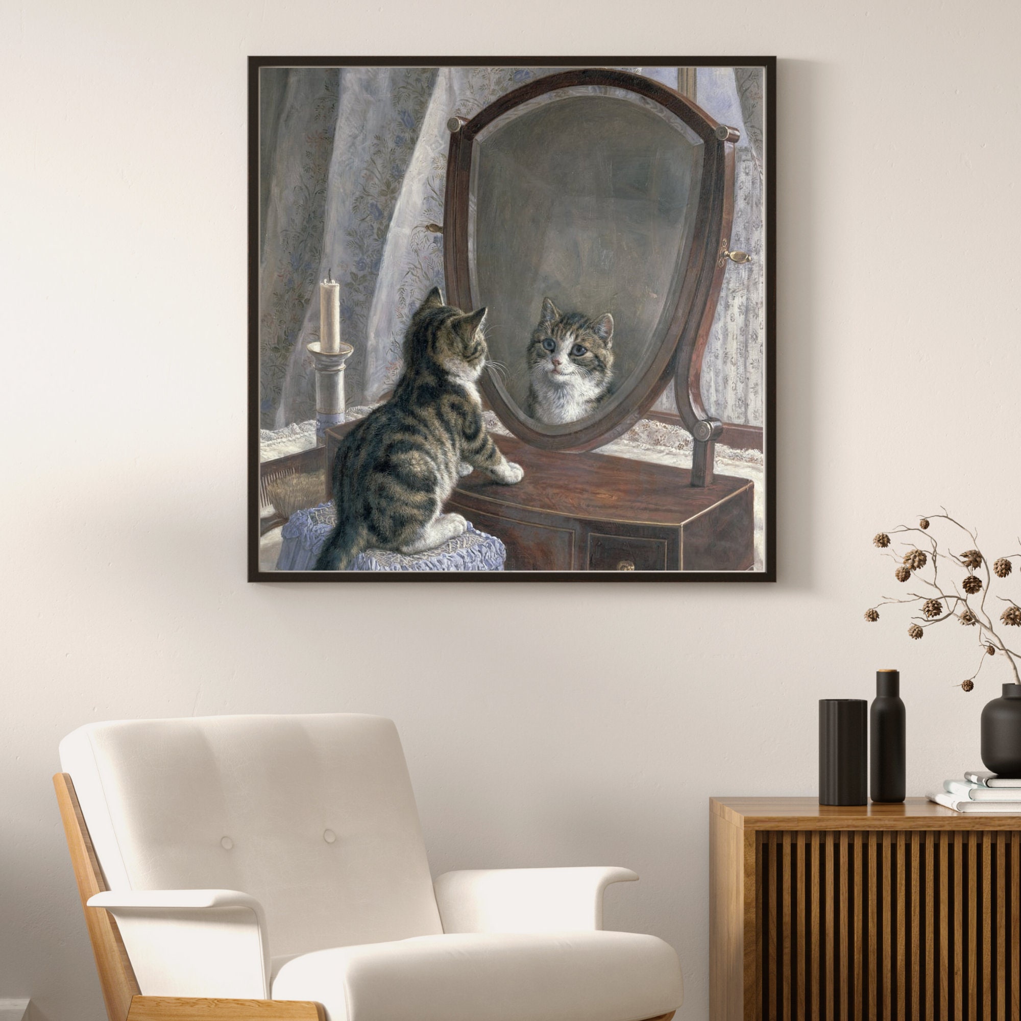 フランク・ペイトン「鏡よ、鏡、世界で一番美しいのは誰？」工芸画 複製印刷 猫 D フランク・パトン作「一番美しいのは誰？」 | 鏡の前の猫