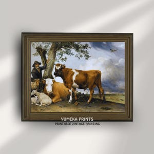 May include: A vintage painting of a brown and white bull standing next to a brown and white cow. A man in a brown coat and hat stands behind the cow, leaning against a tree. The painting is set in a rural landscape with a cloudy sky.