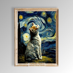 Sterrennachtkat | Kat omhoog kijken bij de sterrennacht | Uniek woondecoratie | Cadeau voor kattenliefhebber | Digitale afdrukbare muurkunst | Y32