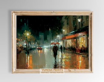 雨の夜のアクリル画：都市風景の傘アート（16x20） - Etsy 日本