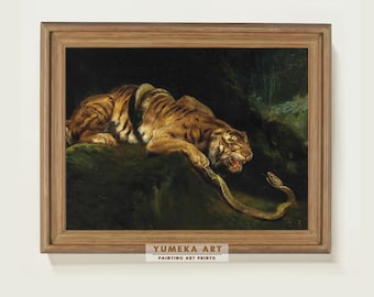Tiger Struggling with a Snake by Giulio Aristide Sartorio Print Vintage Animal Wall Art