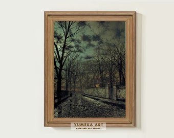 Vintage Landscape Night Painting Print dark Moody Decor Night Sky Painting Dark Academia Aesthetic Art Country Field PRINTABLE Wall Art |282
