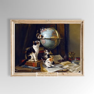 The Globetrotters | Cats Playing Painting | Kittens on Play | Antique Vintage Wall Decor | Digital Art Prints | Y20
