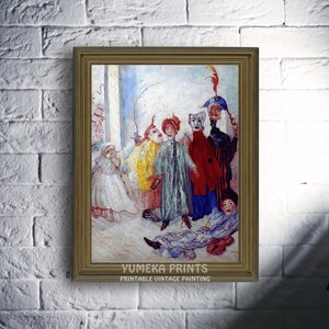 May include: A vintage painting depicting a group of people wearing masks and costumes. The painting is done in a colorful style with a light background. The people are standing in a group, and some are holding objects. The painting is framed in a gold frame.
