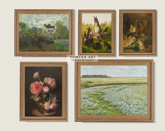 Vintage Landscape Painting Set of 5, Rustic Gallery Wall Art (Digital Download)