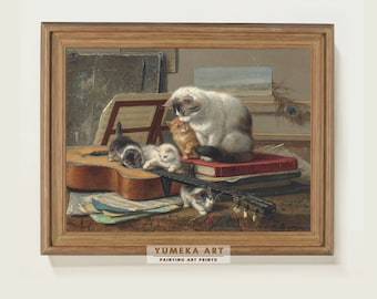 The Music Lesson by Henriëtte Ronner-Knip Print Vintage Cat Wall Art Whimsical Animal Decor