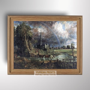 May include: A vintage painting of a cathedral with a rainbow in the sky. The cathedral is surrounded by trees and a river. The painting is in a wooden frame.