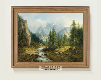 Paesaggio Natura Pittura Rustico Paesaggio di montagna Pittura Stampa artistica vintage Cabina Decorazione della parete Soggiorno Arte della parete Download digitale / 312