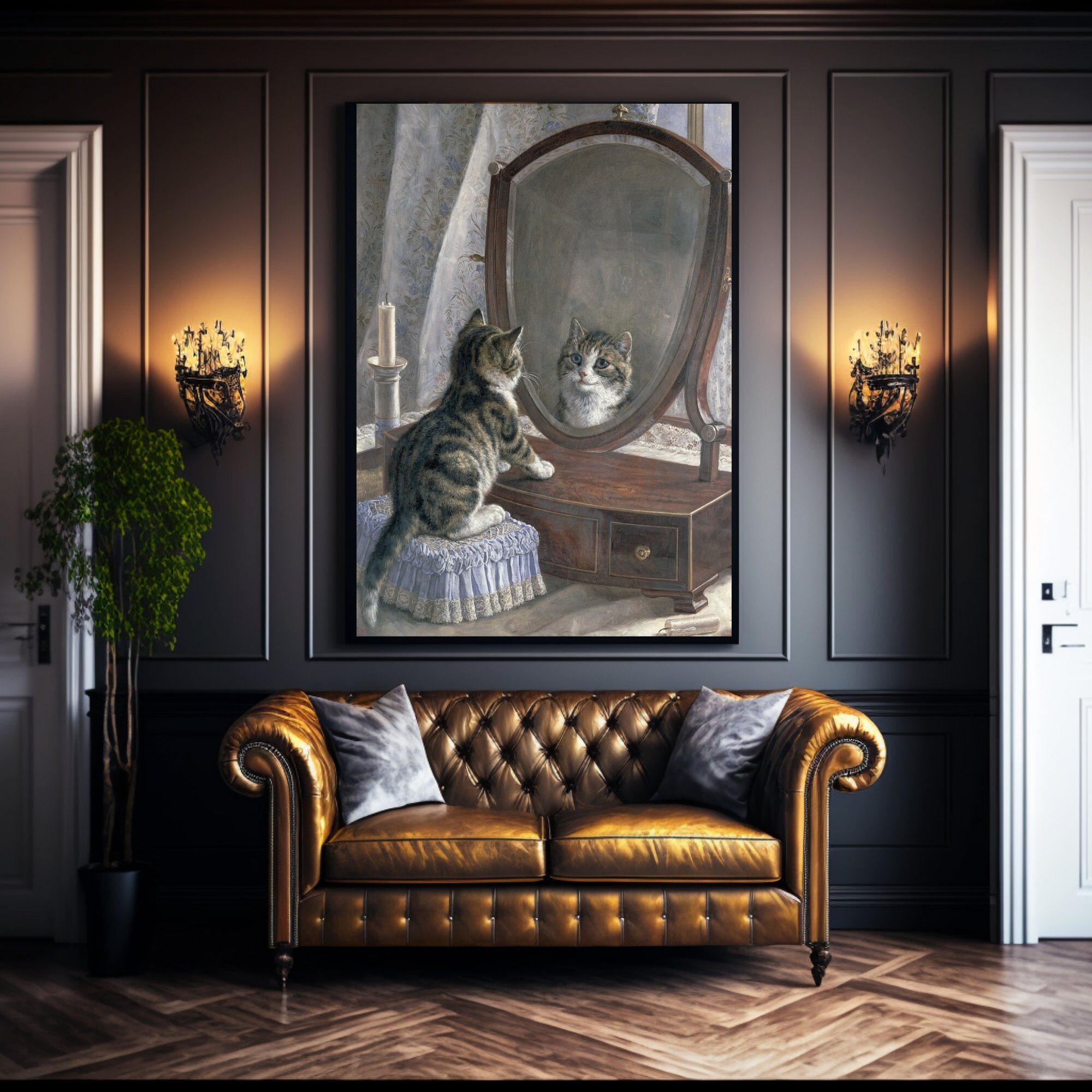 フランク・パトン作「一番美しいのは誰？」 | 鏡の前の猫