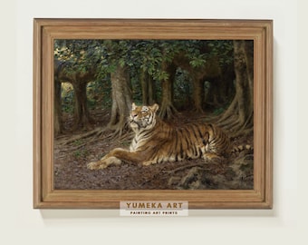Vintage Tiger Print Reclining Tiger Painting Vintage Wild Animal Tiger Wall Art Vintage Wildlife Decor Dark Academia Wall Decor Prints | 189