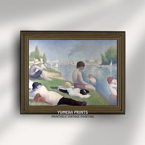 Può includere: Un dipinto vintage che raffigura un gruppo di persone che nuotano e si rilassano vicino a un fiume. Il dipinto è realizzato in una tavolozza di colori tenui di blu, verdi e marroni. Le persone indossano costumi da bagno e cappelli. Il dipinto è incorniciato in una cornice di legno marrone.