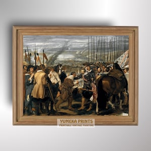 Puede incluir: Una pintura al óleo vintage que representa a un grupo de hombres con ropa del siglo XVII reunidos alrededor de un caballo. Los hombres sostienen armas y parecen estar en un entorno militar. El fondo presenta un cielo nublado y una ciudad lejana.