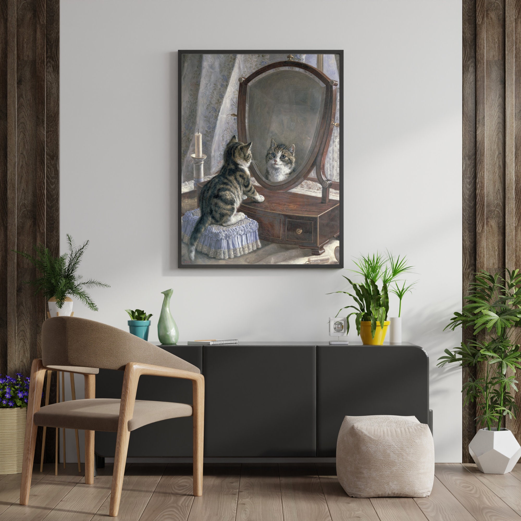 フランク・パトン作「一番美しいのは誰？」 | 鏡の前の猫