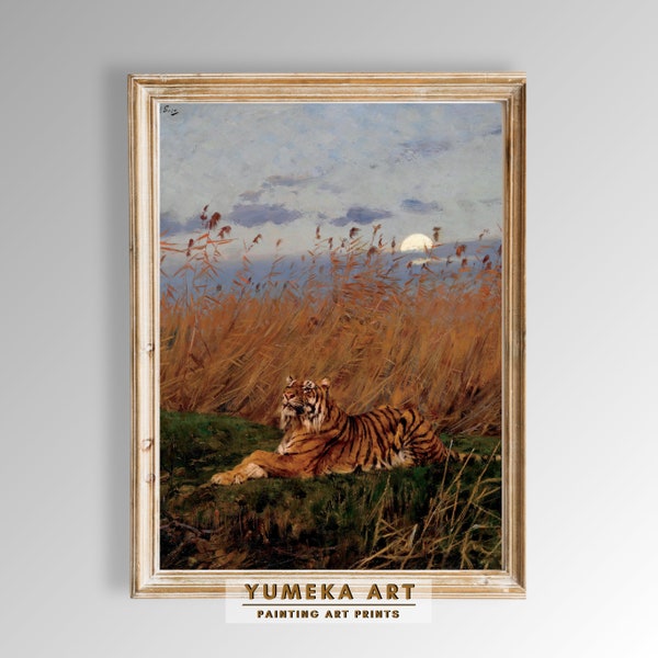 Tiger Wall Art Vintage Tiger Painting A Tiger Among Rushes In The Moonlight Tiger Wall Decor Tiger Art Print Antique Tiger Portrait | 192