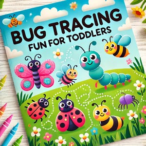 Könnte beinhalten: Ein farbenfroher Buchumschlag mit dem Titel "Bug Tracing Fun for Toddlers". Der Umschlag zeigt Illustrationen verschiedener Insekten, darunter ein Schmetterling, ein Marienkäfer, eine Raupe, eine Biene und eine Spinne, alle auf grünem Hintergrund mit weißen gepunkteten Linien.