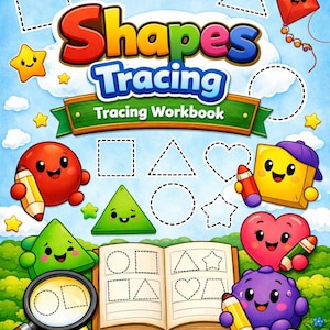 May include: A 2D Shapes Tracing Tracing Workbook with a blue sky background featuring cartoon shapes like a red circle, yellow square, green triangle, and purple blob holding pencils. The cover displays dashed outlines of shapes and an open book.