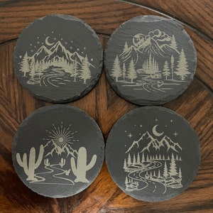 mountain themed coasters, cabin theme decor.