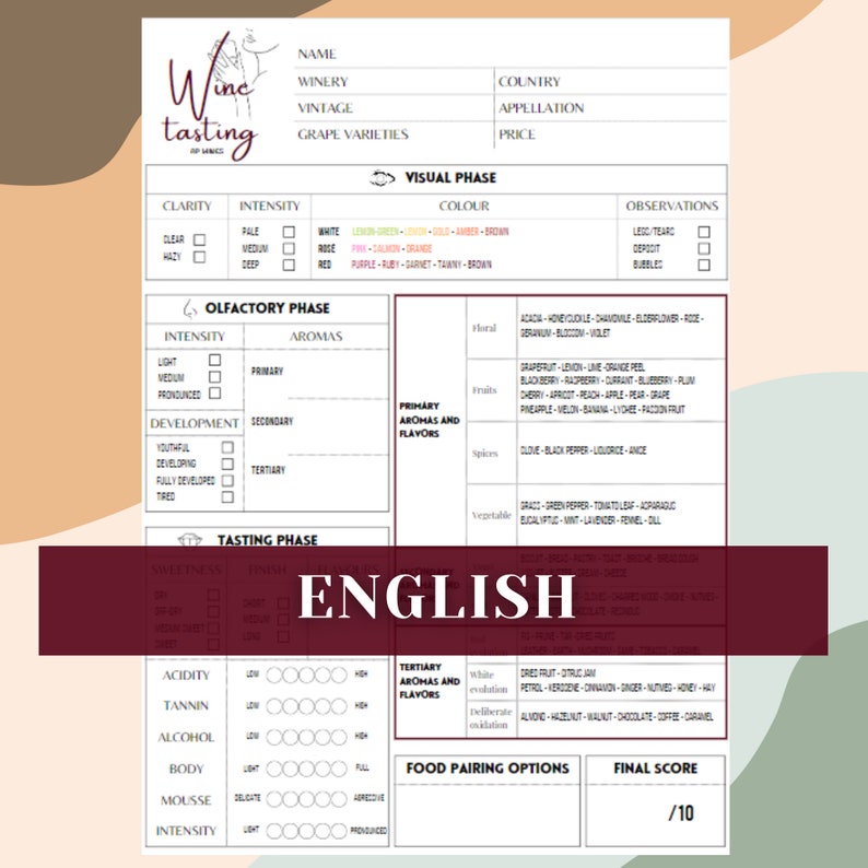 Wine Tasting Notes PDF Printable Guide / Template for Wine Reviews and ...