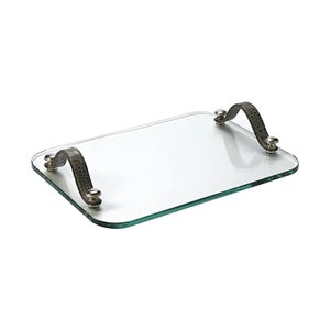 May include: A rectangular glass tray with two leather handles. The handles are dark brown with a textured pattern and have silver metal accents. The tray is clear glass with a slightly rounded edge.