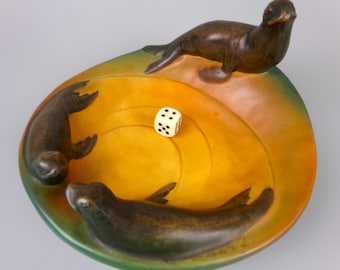P. Ipsen Enke Bowl Dish w/Figures of SEALS. Art Nouveau Vintage. Denmark Ceramic