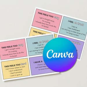 May include: A set of colorful cards with text describing different feelings about a task or project. The cards are labeled "This feels too easy", "This feels too hard", "I feel on track", and "I have a question".