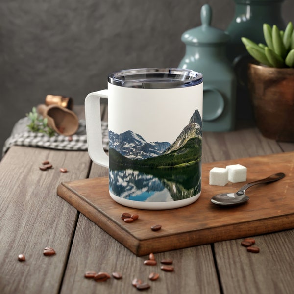 mountain mug Insulated mug mug with lid gift for tea lovers nature inspired panoramic mountain scene nature mug