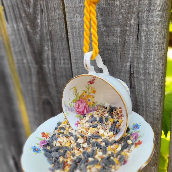 Upcycled, vintage, teacup & saucer, bird feeder