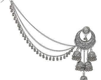 Oxidized Chandbali Earrings with Bahubali Hair Chain – Ethnic Jhumka