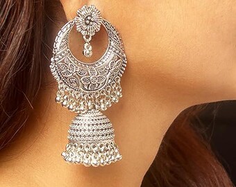 Handmade Oxidized Jhumki Earrings: Moon & Flower Chandbali Design