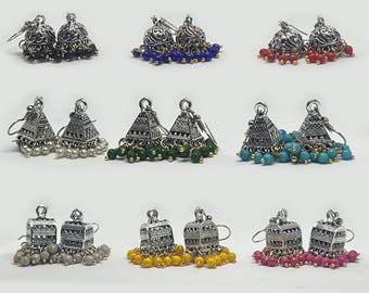 Handmade Oxidized Jhumki Earrings, Nine Pair Combo, Pearl Beaded