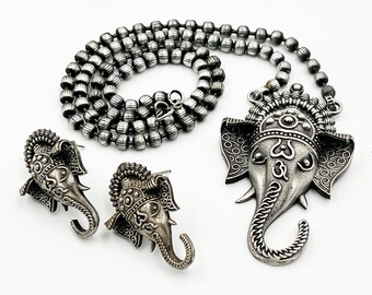 Oxidized Ganesha Pendant Necklace Set - Temple Jewelry