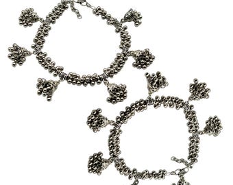 Handmade Oxidized Silver Anklets with Beads and Shell Motifs