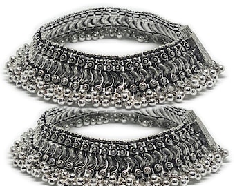 Oxidized German Silver Payal Anklets - Ethnic Broad Anklet for Women