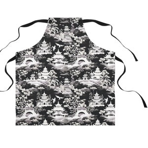 Chinoiserie Print Asian-inspired Black Cooking Apron, Cute Apron