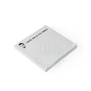 May include: White sticky note pad with the text "I have asked you thrice" printed in black. A black and white illustration of a man's face is in the top left corner.